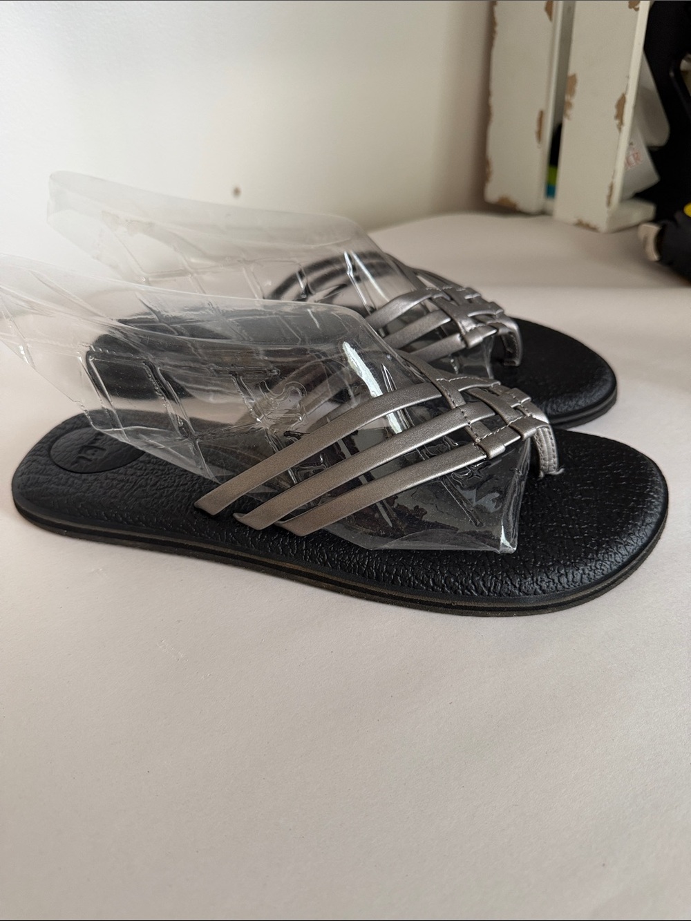 Sanuk Women's Metallic Pewter Woven Thong Sandals - Picture 2 of 6